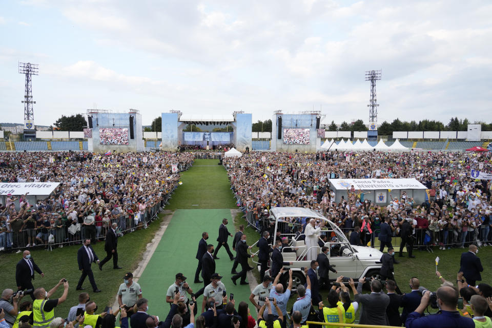 Pope Francis meets with young people at Lokomotiva Stadium in Košice, Slovakia, Tuesday, Sept. 14, 2021. Francis first trip since undergoing intestinal surgery in July, marks the restart of his globetrotting papacy after a nearly two-year coronavirus hiatus. (AP Photo/Gregorio Borgia)