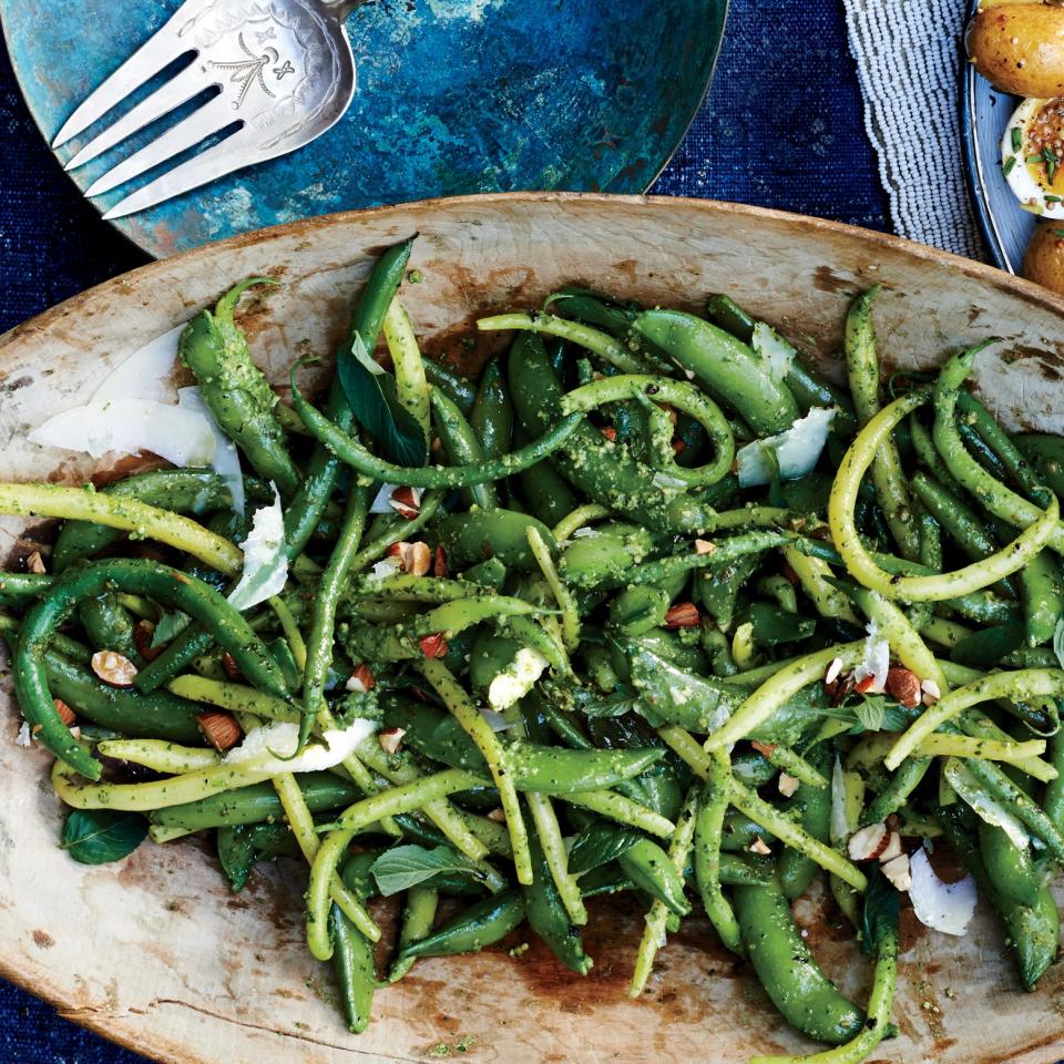 Snap Peas and Green Beans with Arugula-Mint Pesto