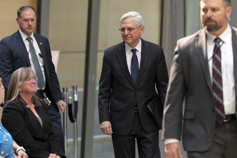 Attorney General Merrick Garland arrives to speak during the Inaugural Gun Violence Survivors' Summit at ATF Headquarters in Washington, Tuesday, April 23, 2024. (AP Photo/Jose Luis Magana)