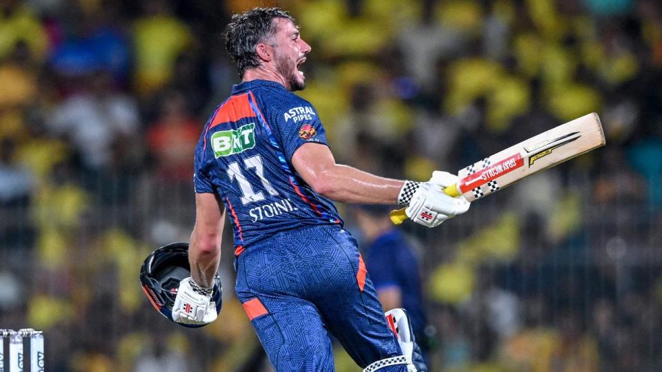 Lucknow Super Giants' Marcus Stoinis celebrates his century. Picture: R.Satish Babu / AFP