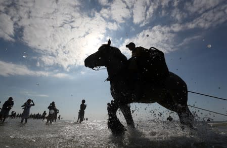 A Belgian shrimp fisherman rides his horse in the sea in the coastal town of Oostduinkerke