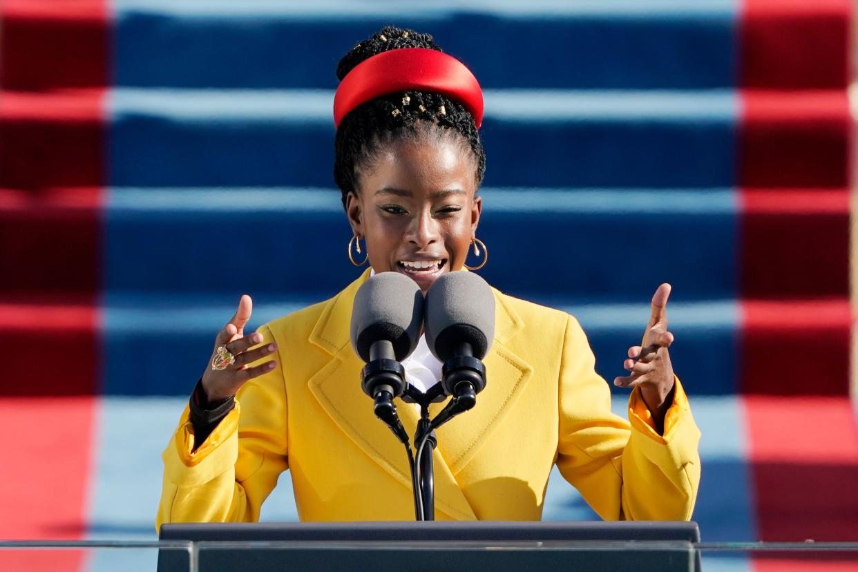 Amanda Gorman recites her poem, &ldquo;The Hill We Climb," in a Prada coat and headband during Wednesday's inauguration ceremony. (Photo: Pool via Getty Images)
