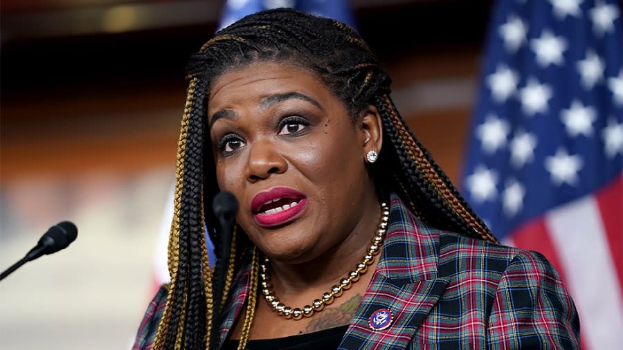 Rep. Cori Bush (D-Mo.) addresses reporters during a press conference on Wednesday, December 8, 2021 about a resolution condemning Rep. Lauren Boebert's (R-Colo.) use of Islamaphobic rhetoric and removing her from her current committee assignments.