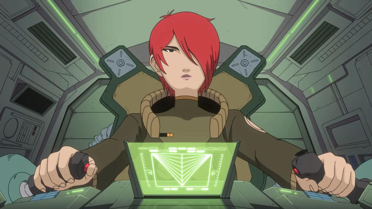  A red-haired woman pilots a ship. 