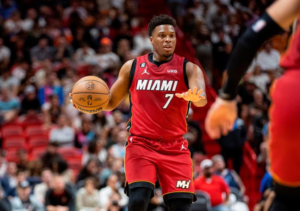 Miami Heat guard Kyle Lowry (7) looks to pass against the Memphis Grizzlies during the fourth quarter of an NBA game at Miami-Dade Arena on Wednesday, March 15, 2023, in Miami.