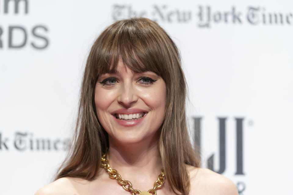 Dakota Johnson wearing dress by Schiaparelli attends the 2021 Gotham Awards at Cipriani Wall Street in New York on November 29, 2021. (Photo by Lev Radin/Sipa USA)