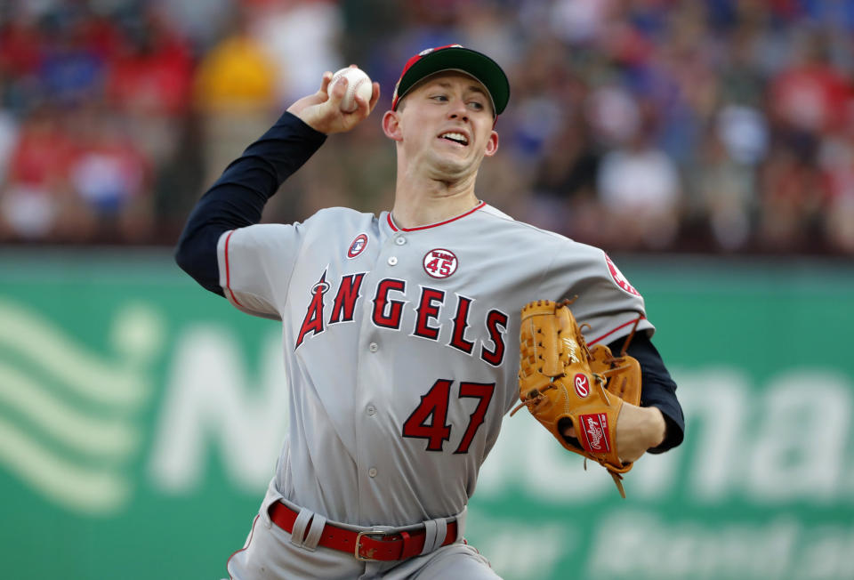 Los Angeles Angels starting pitcher Griffin Canning (47) throws to a Texas Rangers batter during the first inning of a baseball game in Arlington, Texas, Thursday, July 4, 2019. (AP Photo/Tony Gutierrez)