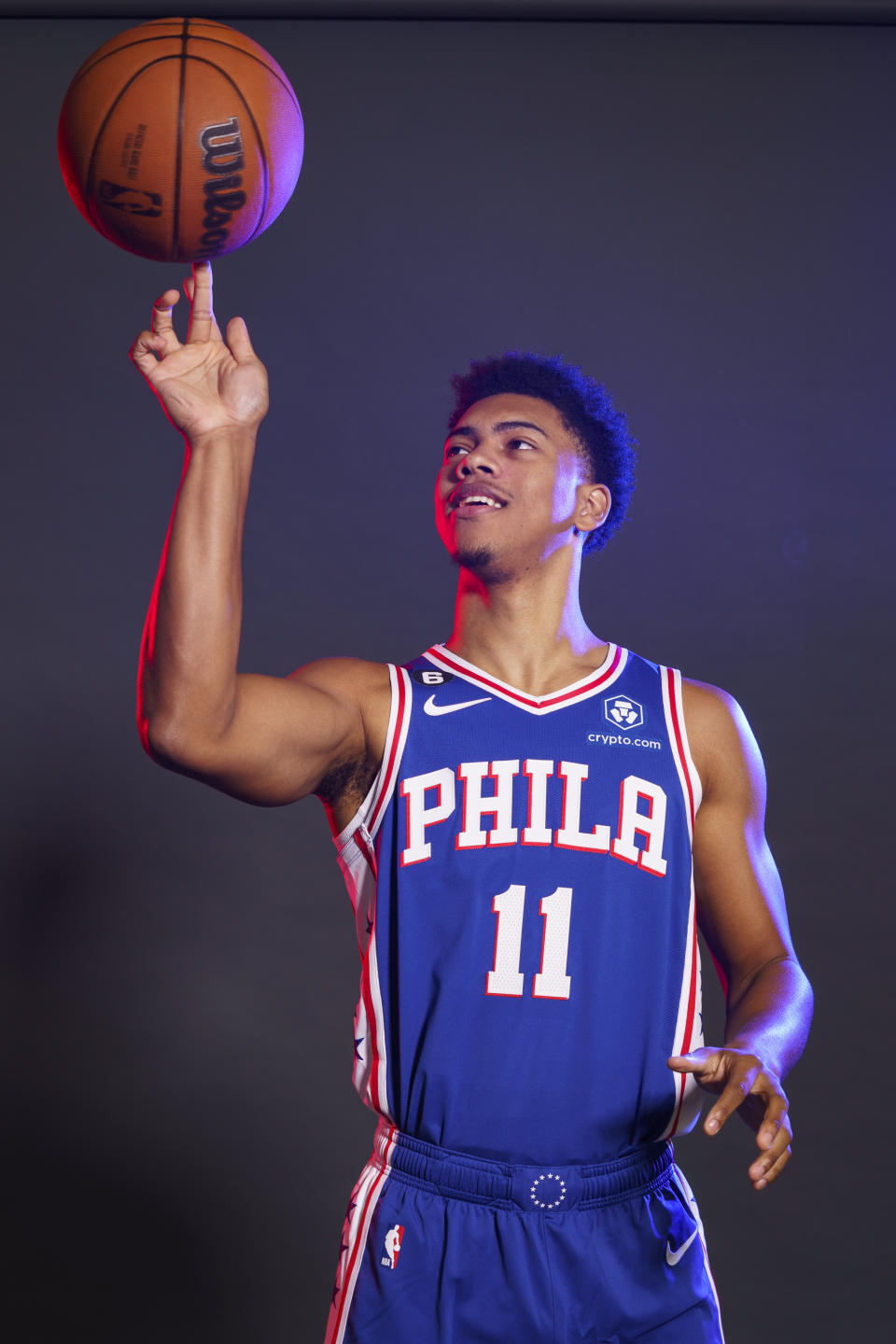 Philadelphia 76ers' Jaden Springer poses for a photograph during media day at the NBA basketball team's practice facility, Monday, Sept. 26, 2022, in Camden, N.J. (AP Photo/Chris Szagola)