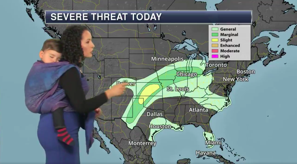 Susie Martin has become known as the “baby-wearing meteorologist” after her son joined her during an on-air broadcast. (Photo: Praedictix)