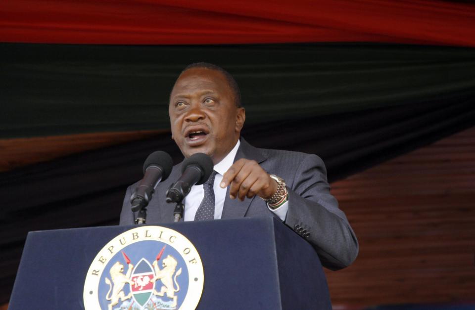 Kenyan President Uhuru Kenyatta delivers his speech to the nation during the 53rd Jamhuri Day Celebrations (Independence Day) at Nyayo Stadium in Nairobi, Monday, Dec. 12, 2016. Kenya got its Independence from British rule in 1963. (AP Photo/Khalil Senosi)