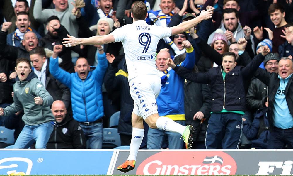 Chris Wood celebrates after scoring the game’s only goal for Leeds.