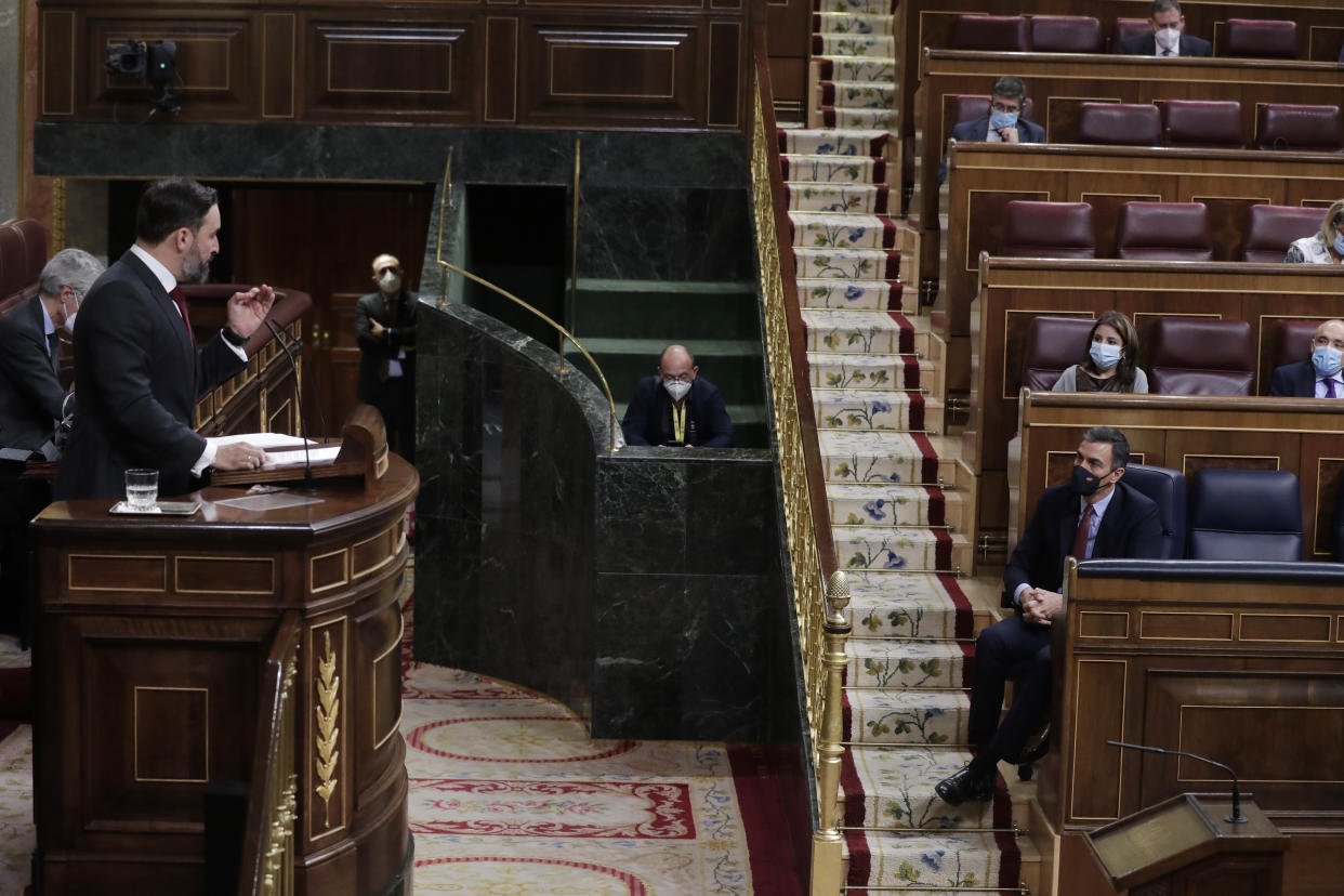Santiago Abascal dirigiéndose a Pedro Sánchez en el Congreso de los Diputados durante la moción de censura presentada por Vox en octubre de 2020. (Foto: Manu Fernandez /  Pool / Getty Images).