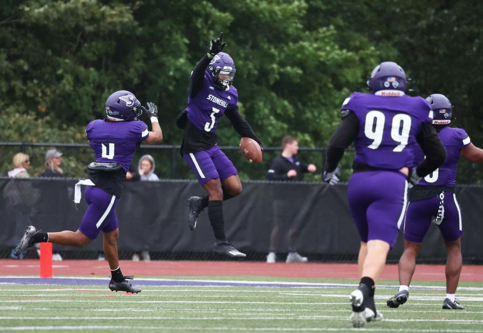 Stonehill College's defensive back Nigel Henderson makes the interception during a game versus St. Francis University on Saturday, Sept. 30, 2023.