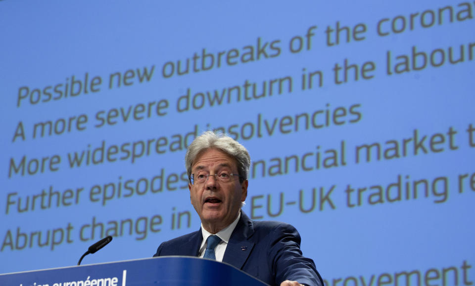 European Commissioner for Economy Paolo Gentiloni speaks during a media conference on the summer 2020 economic forecast at EU headquarters in Brussels, Tuesday, July 7, 2020. (AP Photo/Virginia Mayo, Pool)