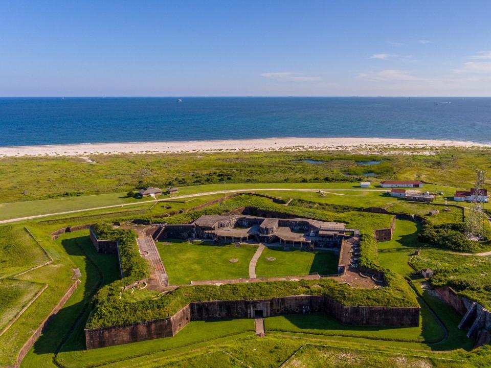 An aerial view of Fort Morgan in Gulf Shores, Alabama, with the beach behind.