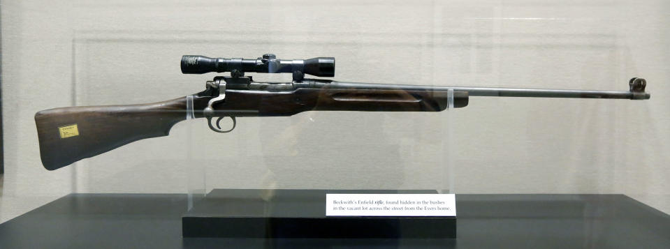 In this Oct. 11, 2013 photograph, the Enfield rifle used by the late segregationist Byron De La Beckwith in the 1963 killing of civil rights leader Medgar Evers, will be among the items that will eventually be displayed in the state's civil rights museum in Jackson, Miss. Officials say they did not set out to have separate-but-equal museums for the documentation of the state's history, but it could end up that way. Mississippi breaks ground Thursday. Oct. 24, 2013, on side-by-side museums that are expected to break ground of their own in how they depict the Southern state once rocked by racial turmoil. (AP Photo/Rogelio V. Solis)