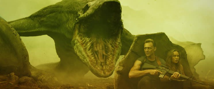 A Skullcrawler terrorizes Conrad (Tom Hiddleston) and Weaver (Brie Larson). (Photo: Warner Bros./Legendary Pictures)