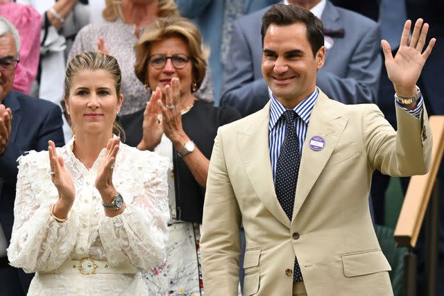 <p>Karwai Tang/WireImage</p> Mirka Federer and Roger Federer at Wimbledon