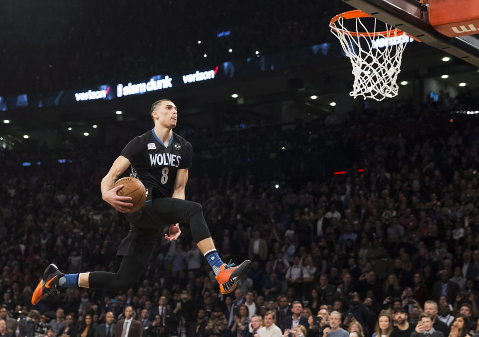 FILE - In this Feb. 13, 2016, file photo, Minnesota Timberwolves' Zach LaVine slam dunks the ball during the NBA all-star skills competition in Toronto What was perhaps the best dunk contest in All-Star weekend history will not get a rematch. LaVine says he will not return to the event to try to win it for a third straight year.(Mark Blinch/The Canadian Press via AP, File)