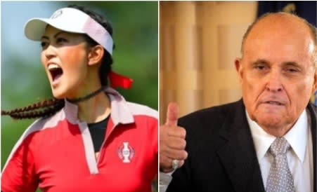 韓裔美國高球女將魏聖美（Michelle Wie）、川普的私人律師朱利安尼（Rudy Giuliani）   圖：翻攝自Michelle Wie twitter、達志影像/路透社