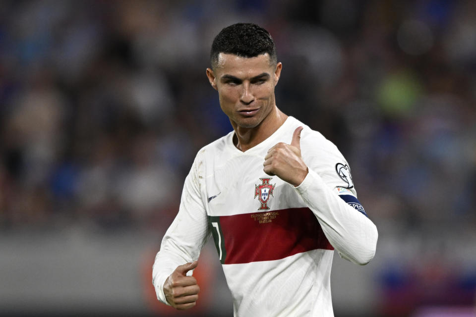 Portugal's Cristiano Ronaldo gestures during the Euro 2024 group J qualifying soccer match between Slovakia and Portugal at the National Football Stadium in Bratislava, Slovakia, Friday, Sept. 8, 2023. (AP Photo/Radovan Stoklasa)