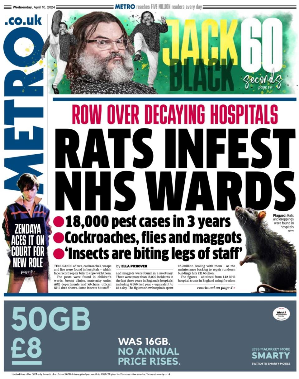 The headline in the Metro reads: Rats infest NHS wards