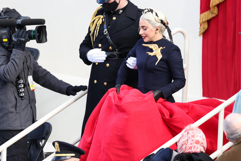 Lady Gaga arriving at the Inauguration Day ceremony of President-Elect Joe Biden and Vice President-Elect Kamala Harris held at the U.S. Capitol Building in Washington, D.C. on Jan. 20, 2021. President-elect Joe Biden becomes the 46th President of the United States at noon on Inauguration Day. (Photo by Oliver Contreras/Sipa USA)