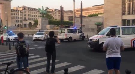 A still image from video shows a police vehicle approaching Brussels central station in Brussels, Belgium June 20, 2017. Courtesy Twitter/@TobiaszMadejski/Radio Szczecin/via REUTERS