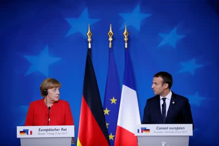 FILE PHOTO: German Chancellor Angela Merkel and French President Emmanuel Macron addresses a joint news conference at the EU summit in Brussels, Belgium, June 23, 2017. REUTERS/Gonzalo Fuentes