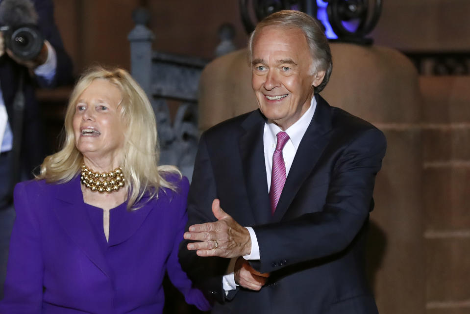Incumbent U.S. Sen. Edward Markey takes the stage with wife Susan, left, Tuesday, Sept. 1, 2020, in Malden, Mass., to speak after defeating U.S. Rep. Joe Kennedy III in the Massachusetts Democratic Senate primary. (AP Photo/Michael Dwyer)