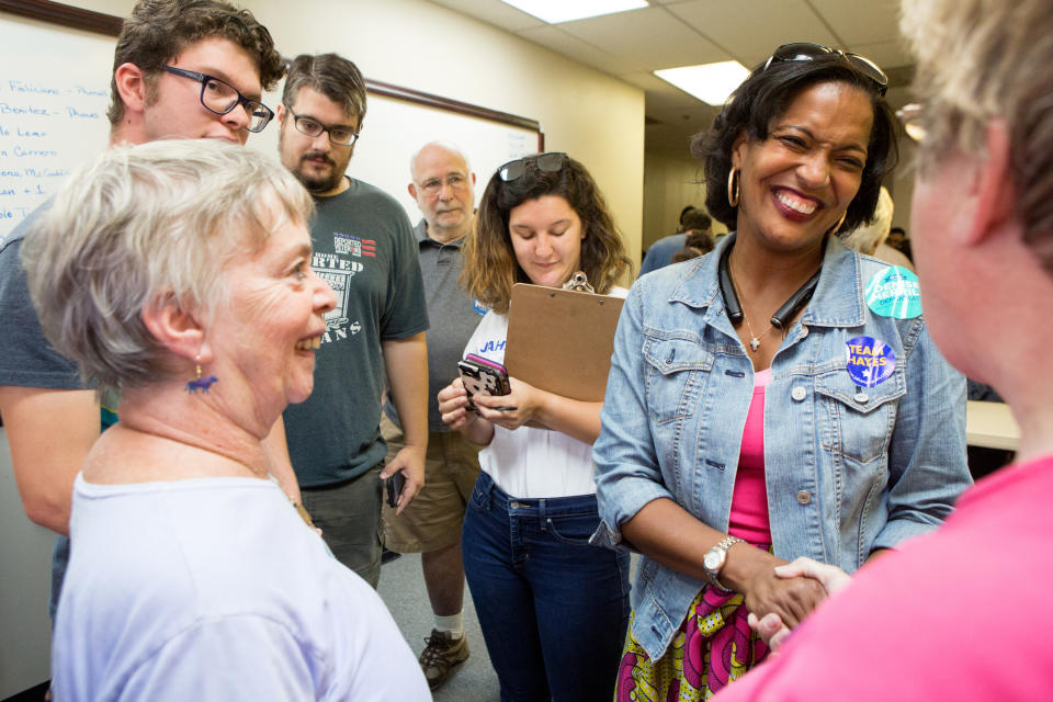 Hayes with supporters at a campaign rally in Meriden, Conn., Sept. 22, 2018. (Photo: Michelle McLoughlin for Yahoo News)