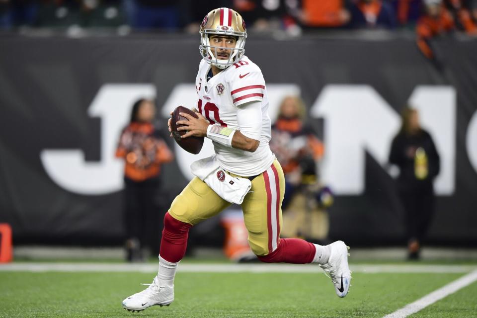 San Francisco 49ers quarterback Jimmy Garoppolo looks to pass during a win over the Cincinnati Bengals on Sunday.