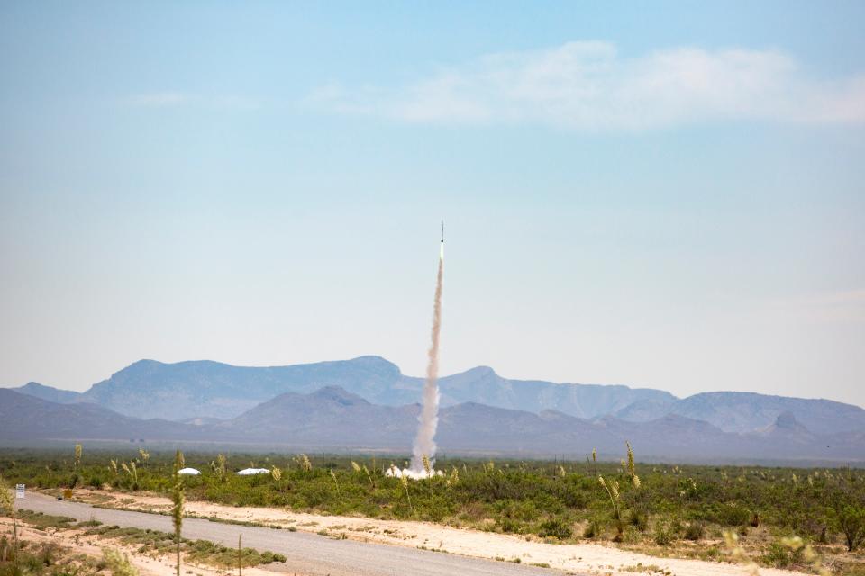 A rocket launches during the Spaceport America Cup on Friday, June 21, 2023, at Spaceport America. 