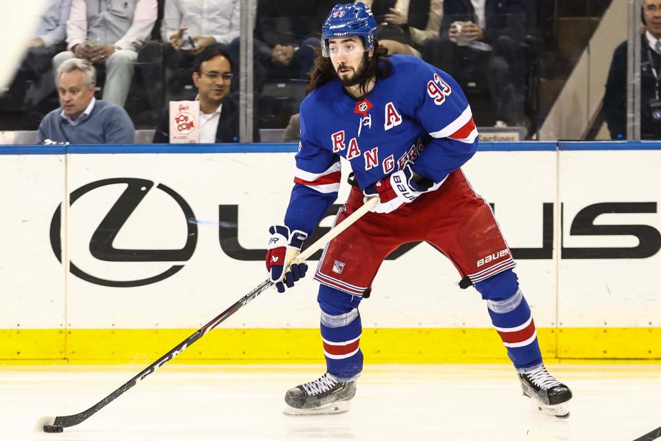 Apr 15, 2024; New York, New York, USA; New York Rangers center Mika Zibanejad (93) looks to make a pass in the first period against the Ottawa Senators at Madison Square Garden.