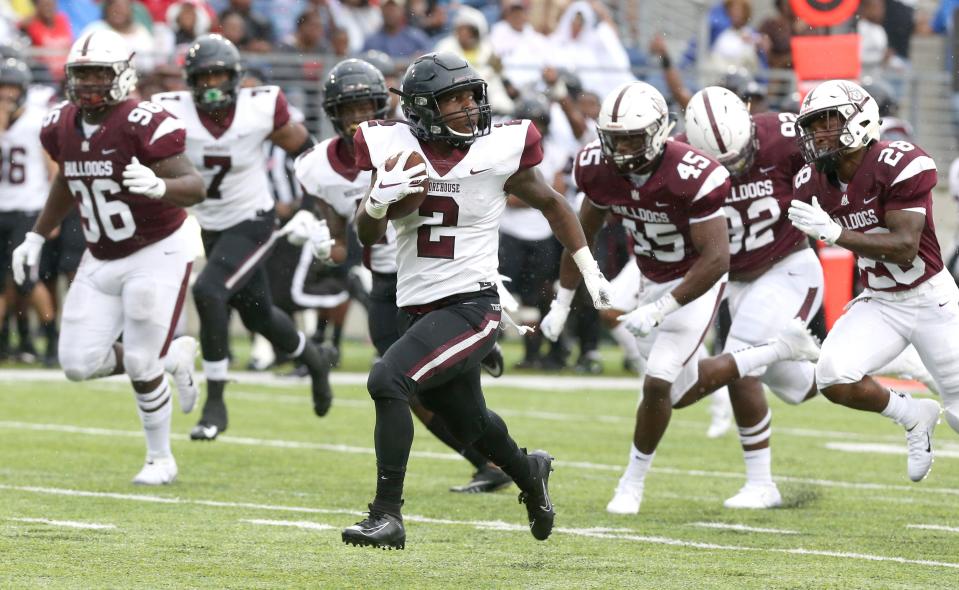 Morehouse's Frank Bailey Jr. runs for a touchdown during the second quarter of the Black College Football Hall of Fame Classic against Alabama A&M at Tom Benson Hall of Fame Stadium in Canton on Sunday, Sept. 1, 2019.