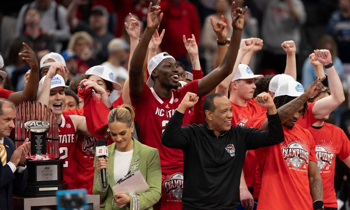 N.C. State coach Kevin Keatts celebrates the Wolfpack’s ACC Tournament Championship following their 84-76 victory over North Carolina at Capitol One Arena on Saturday, March 16, 2024 in Washington, D.C.