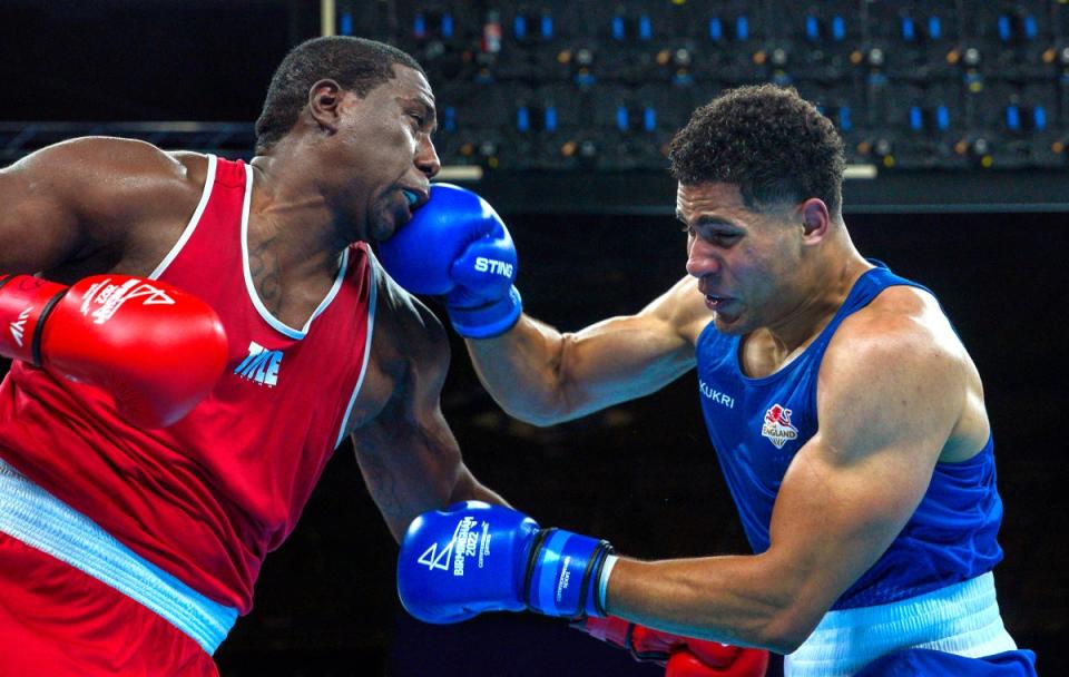 Delicious Orie (right) in action during his super-heavyweight quarter-final victory over and Trinidad and Tobago’s Nigel Paul (left) at the 2022 Commonwealth Games (Peter Byrne/PA) (PA Wire)