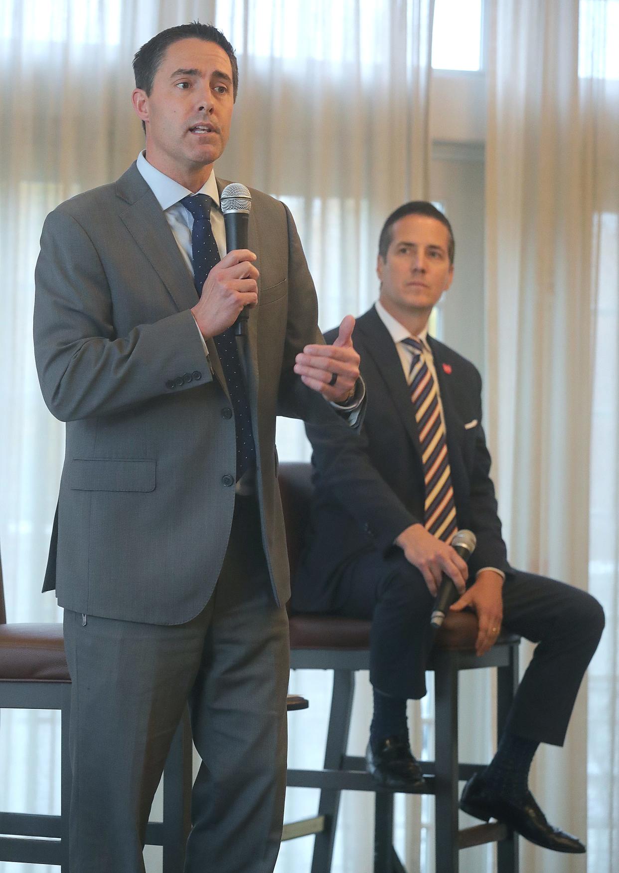 Secretary of State Frank LaRose answers a question during a Republican U.S. Senate forum in Akron in October.