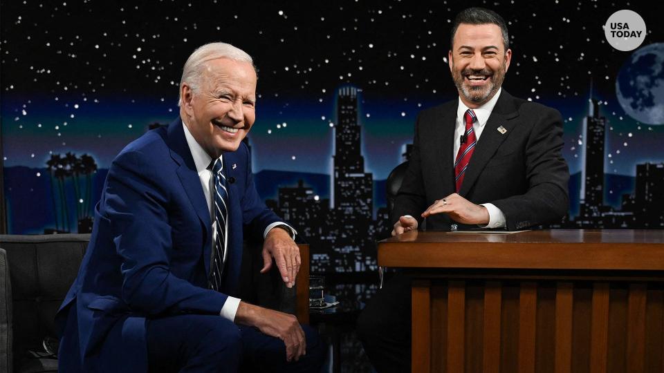 President Joe Biden sits next to host Jimmy Kimmel as he makes his first in-person appearance on "Jimmy Kimmel Live!" during his Los Angeles visit to attend the Summit of the Americas, in Hollywood, California, June 8, 2022.