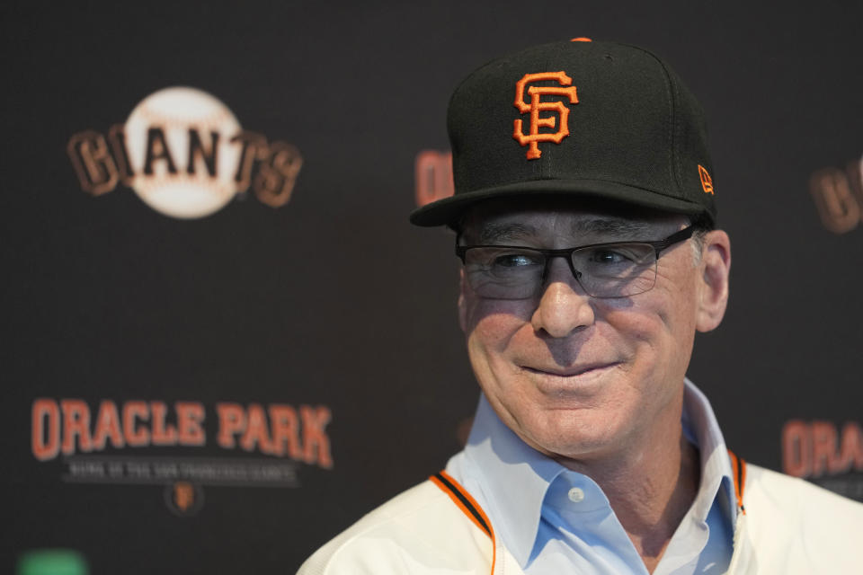 San Francisco Giants manager Bob Melvin listens to questions during an introductory baseball news conference at Oracle Park in San Francisco, Wednesday, Oct. 25, 2023. (AP Photo/Eric Risberg)