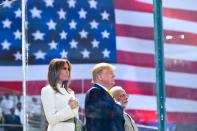 US President Donald Trump, First Lady Melania Trump and India's Prime Minister Narendra Modi attend 'Namaste Trump' rally at Sardar Patel Stadium in Motera, on the outskirts of Ahmedabad, on February 24, 2020. (Photo by Mandel NGAN / AFP) (Photo by MANDEL NGAN/AFP via Getty Images)