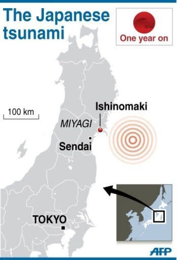 Map locating the city of Ishinomaki, which was one of the regions affected by the March 11 tsunami that devasted the northeastern coast of Japan