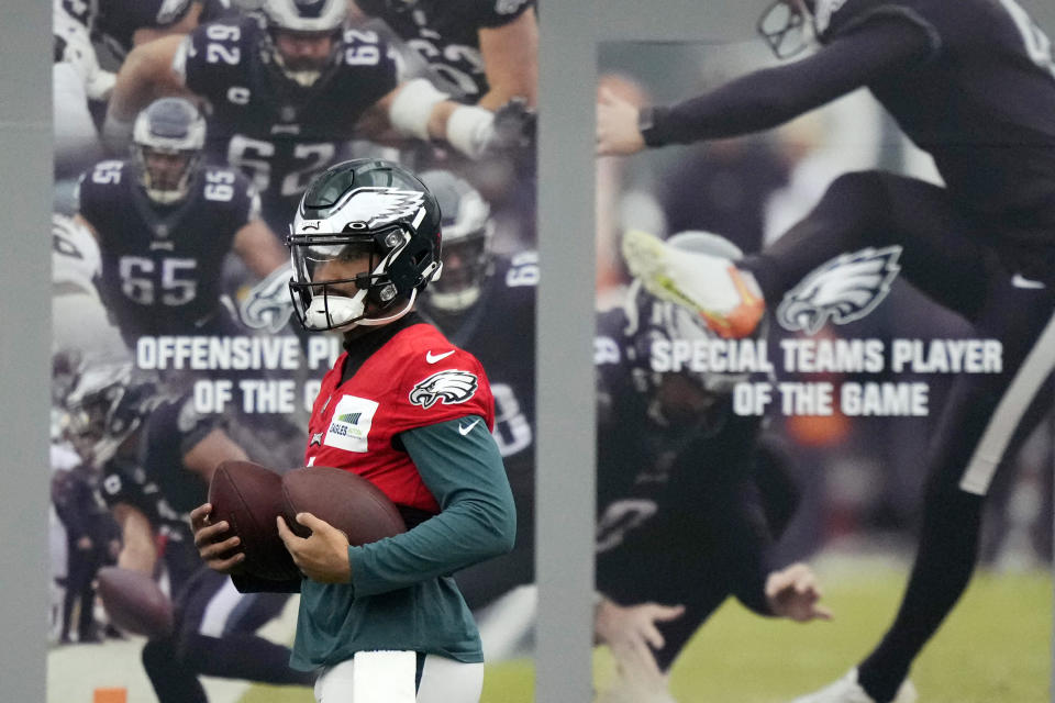 Philadelphia Eagles' Jalen Hurts carries football between drills during practice at the NFL football team's training facility, Friday, Feb. 3, 2023, in Philadelphia. The Eagles are scheduled to play the Kansas City Chiefs in Super Bowl LVII on Sunday, Feb. 12, 2023. (AP Photo/Matt Slocum)