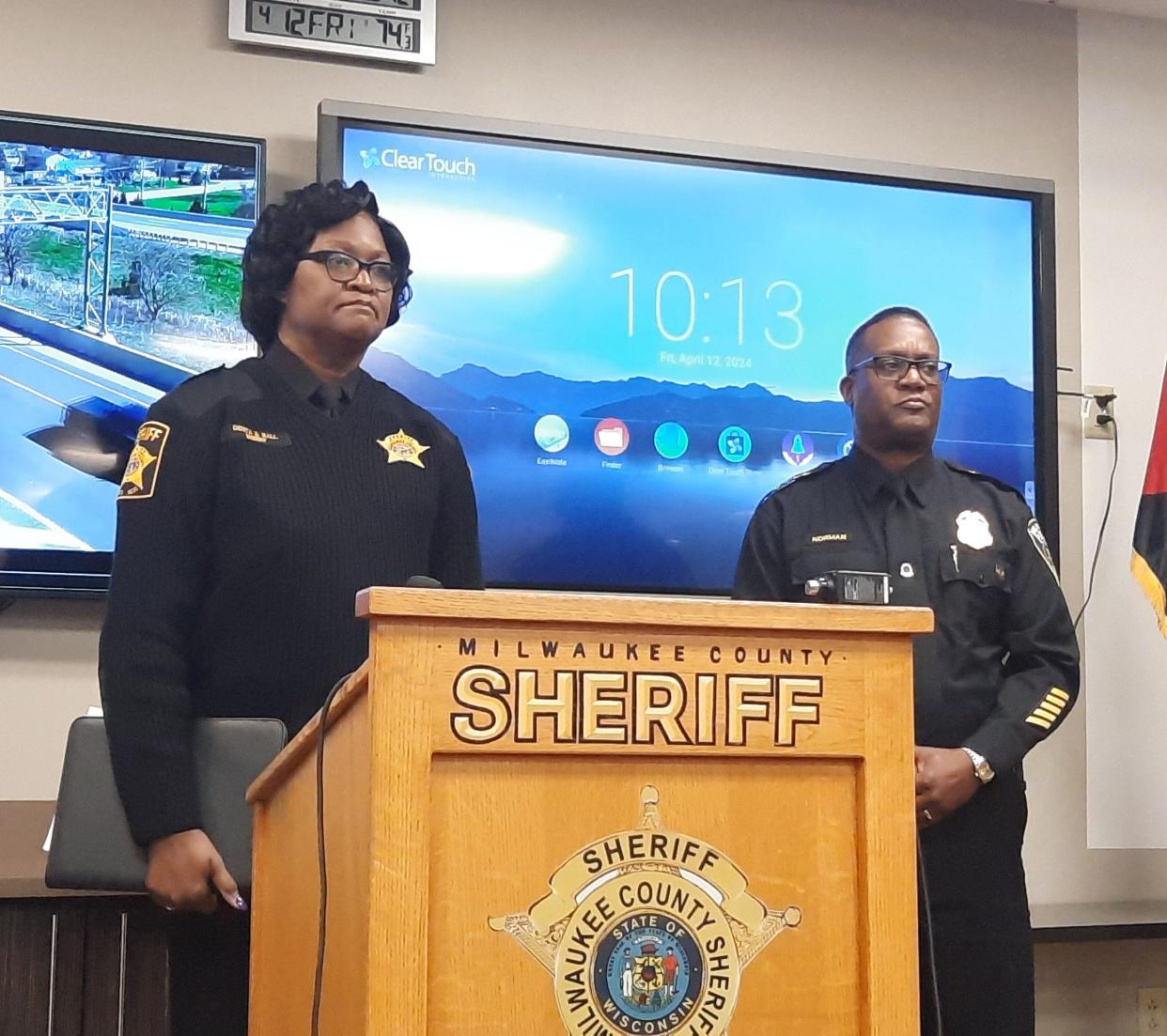 Milwaukee County Sheriff Denita R. Ball, left, and Milwaukee Police Chief Jeffrey B. Norman brief the media on April 12, 2024 on the death of Sade Robinson. Maxwell S. Anderson was charged Friday in the Milwaukee woman's killing.