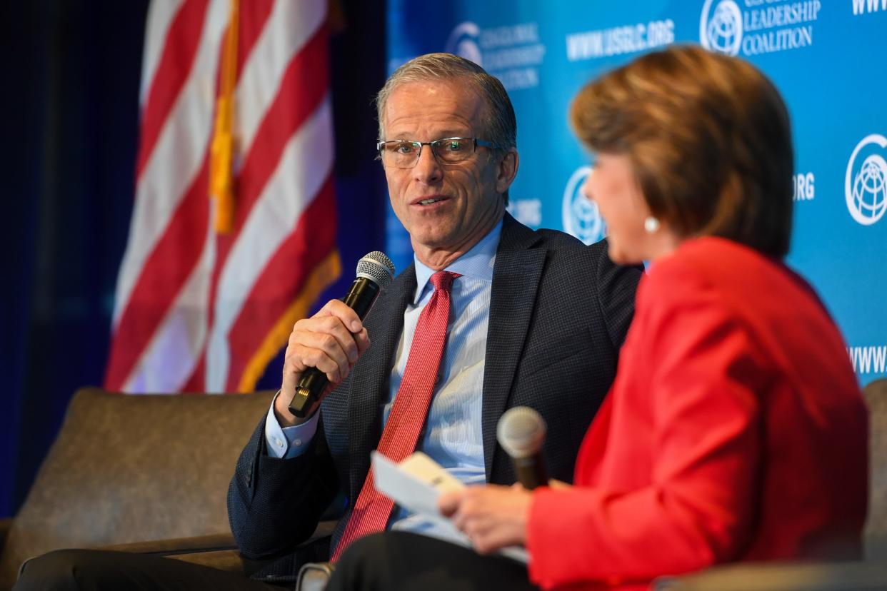 U.S. Sen. John Thune speaks during a U.S Global Leadership Coalition event on Wednesday, March 27, 2024 at Sanford Event Barn in Sioux Falls.