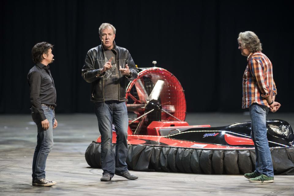 Richard Hammond (left) Jeremy Clarkson (centre) and James May on stage in Clarkson Hammond, May Live at the O2 Arena Greenwich - London