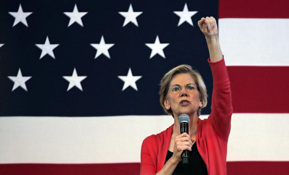 Democratic presidential candidate Sen. Elizabeth Warren, D-Mass., speaks during a campaign stop at town hall in Peterborough, N.H., Monday, July 8, 2019. (AP Photo/Charles Krupa)