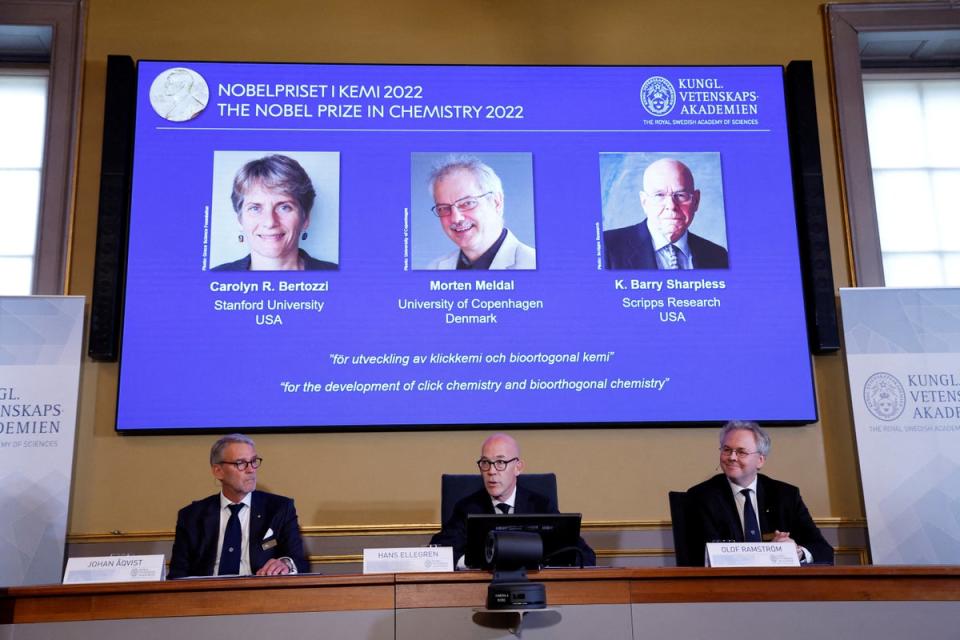 Novel Prize for Chemistry chairman Jonas Aqvist (left) announces the winners of the prize ( Reuters)