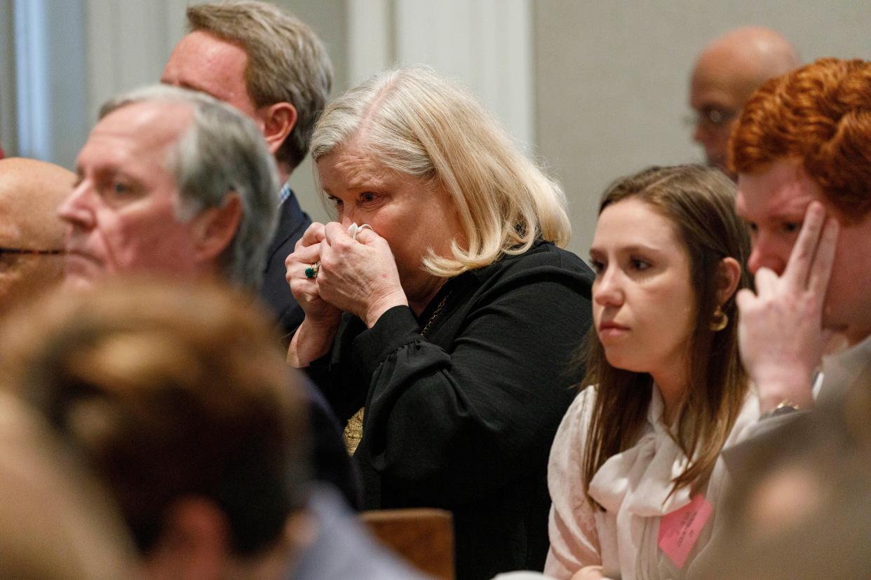 Lynn Murdaugh Goette, Alex Murdaugh’s sister, cries as he testifies at his murder trial (AP)