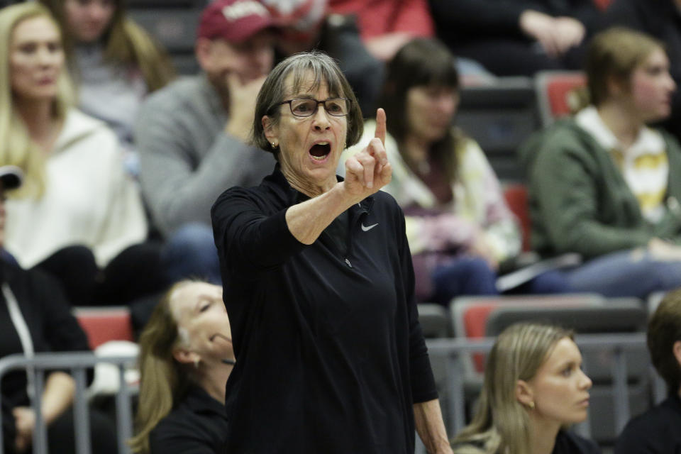 Stanford head coach Tara VanDerveer directs her team during the first half of an NCAA college basketball game against Washington State, Friday, Feb. 3, 2023, in Pullman, Wash. (AP Photo/Young Kwak)